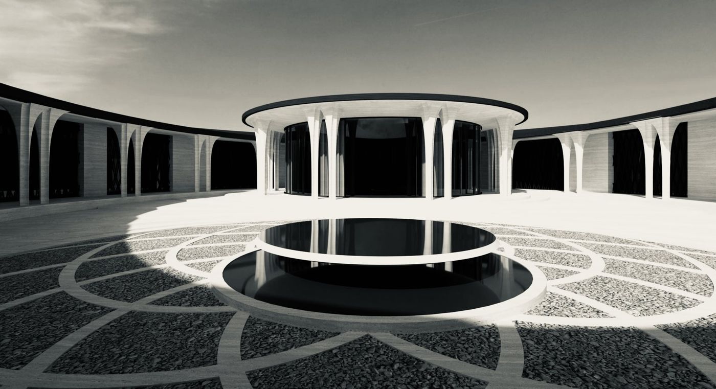 A circular pavilion and reflecting pool in a paved courtyard ringed by a colonnade.