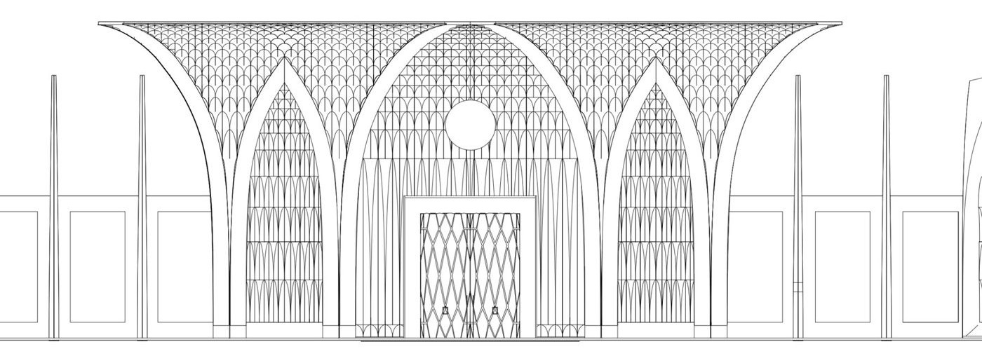 Line drawing of the entrance bay: pointed arches, a lattice canopy and a central door.