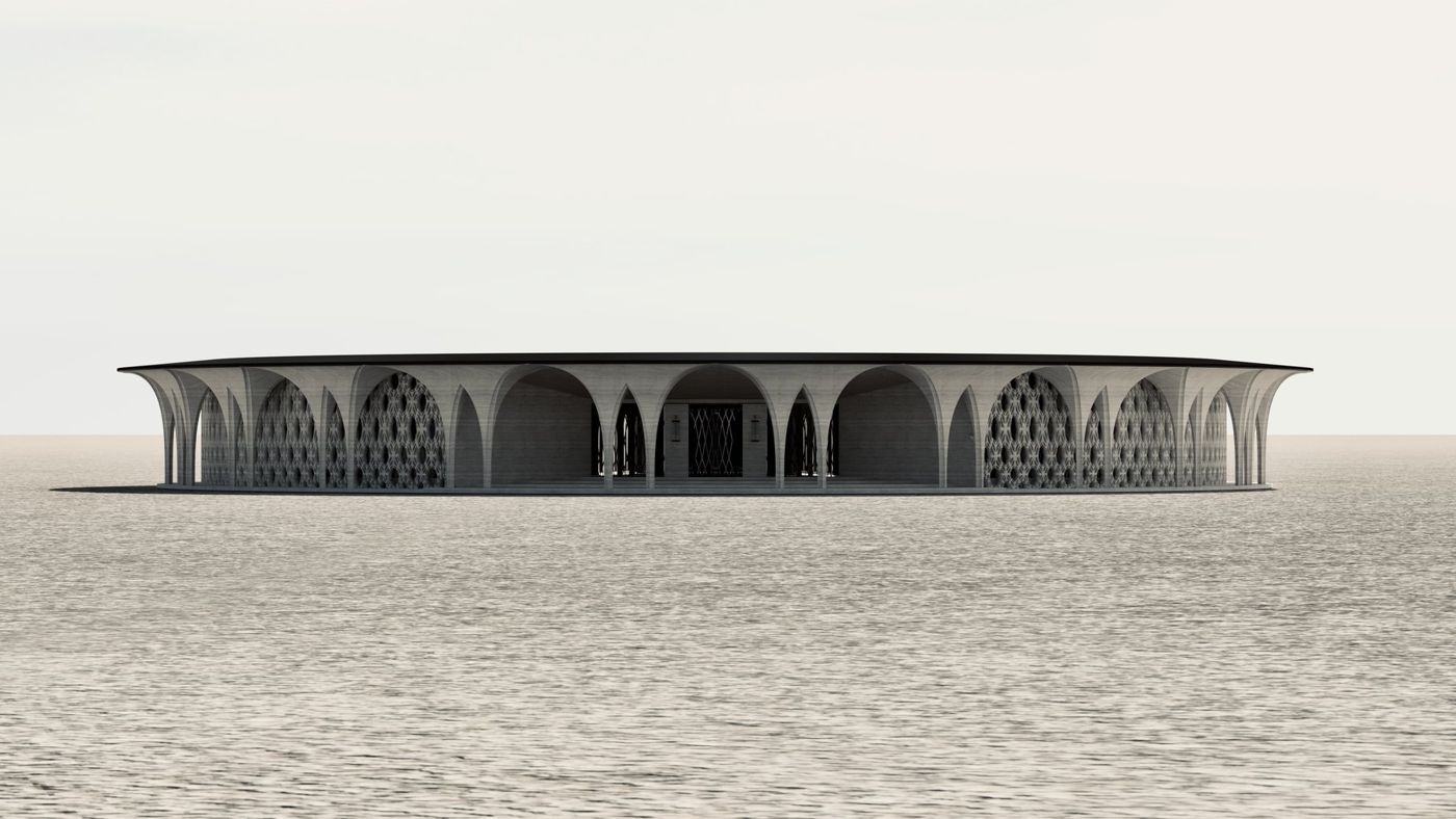 The elliptical guest house: a low ring of arched openings under a flared roof edge.