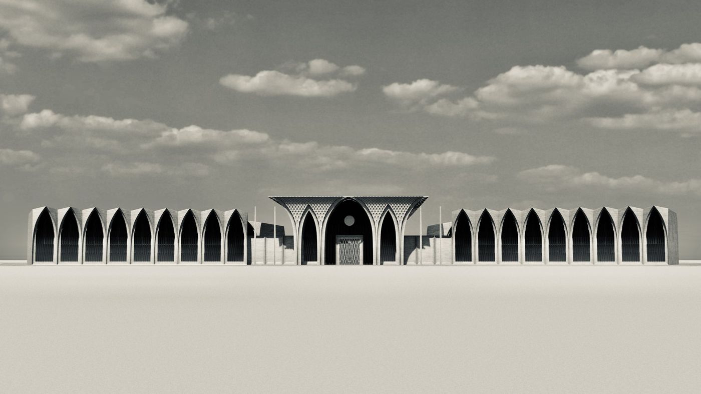 The formal majlis: a long row of pointed arches either side of a taller entrance canopy.