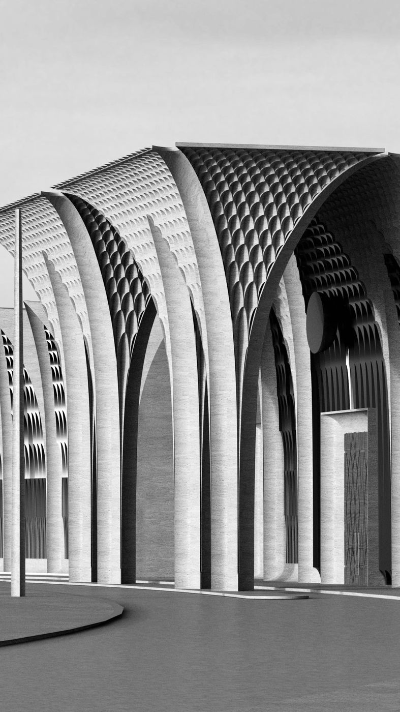 The tall entrance arch with its scaled canopy, a curved drive in front.
