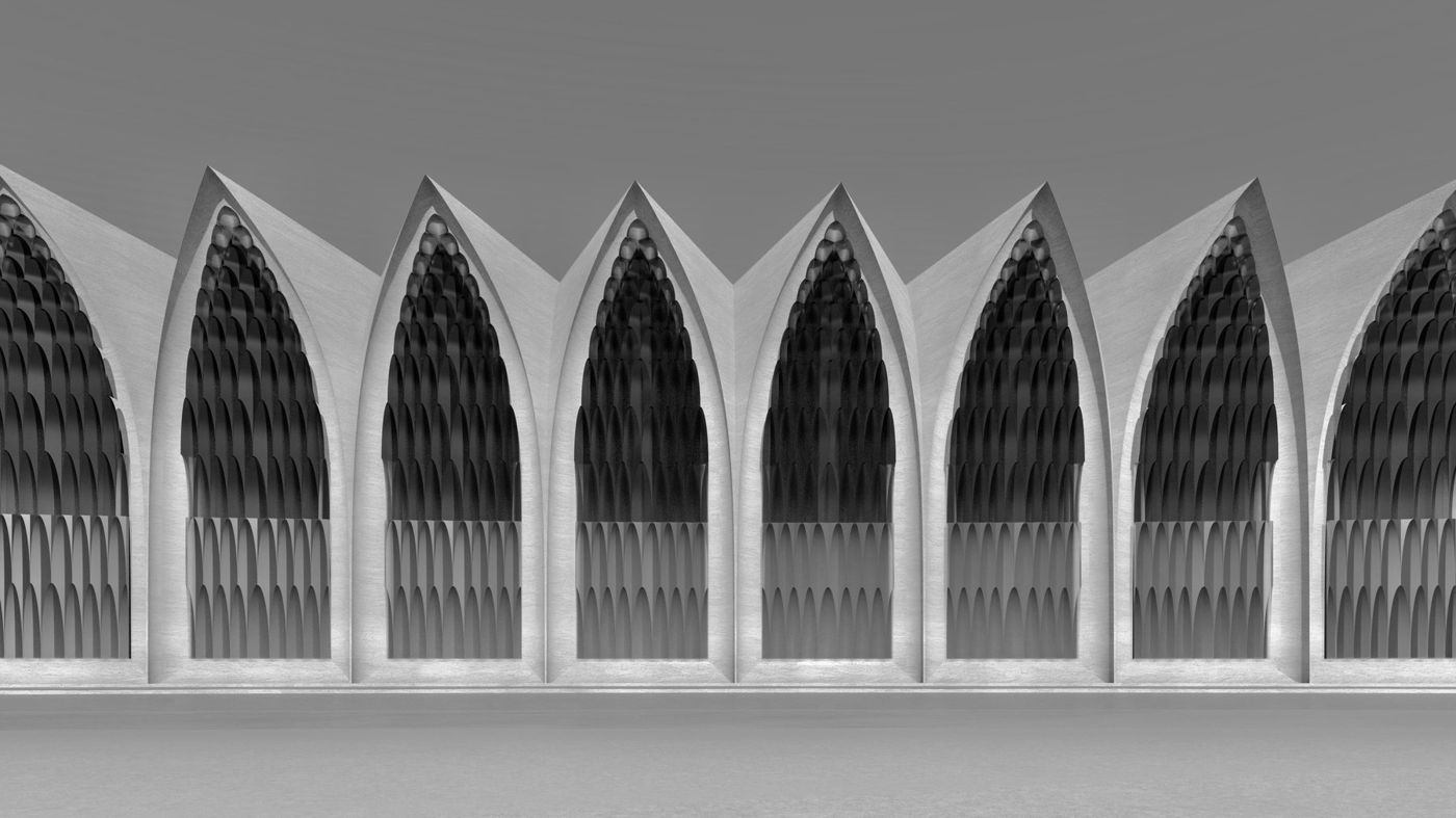 A row of pointed arches, each filled with a screen of cast-glass blocks.