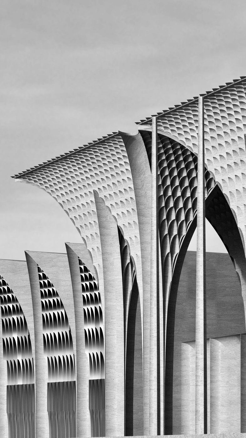 Ribbed columns flaring into a scaled canopy, seen from below against the sky.