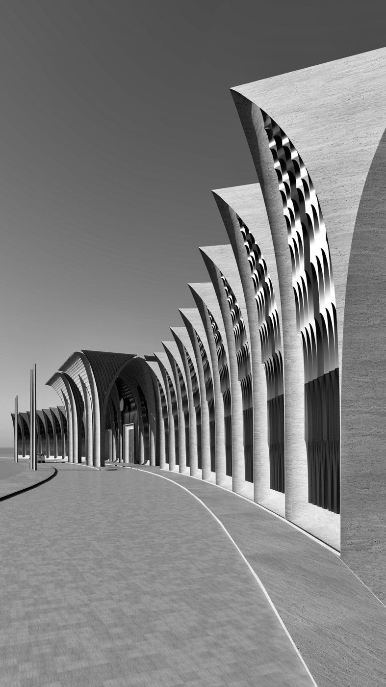 A curved paved walk running along a colonnade of pointed arches.