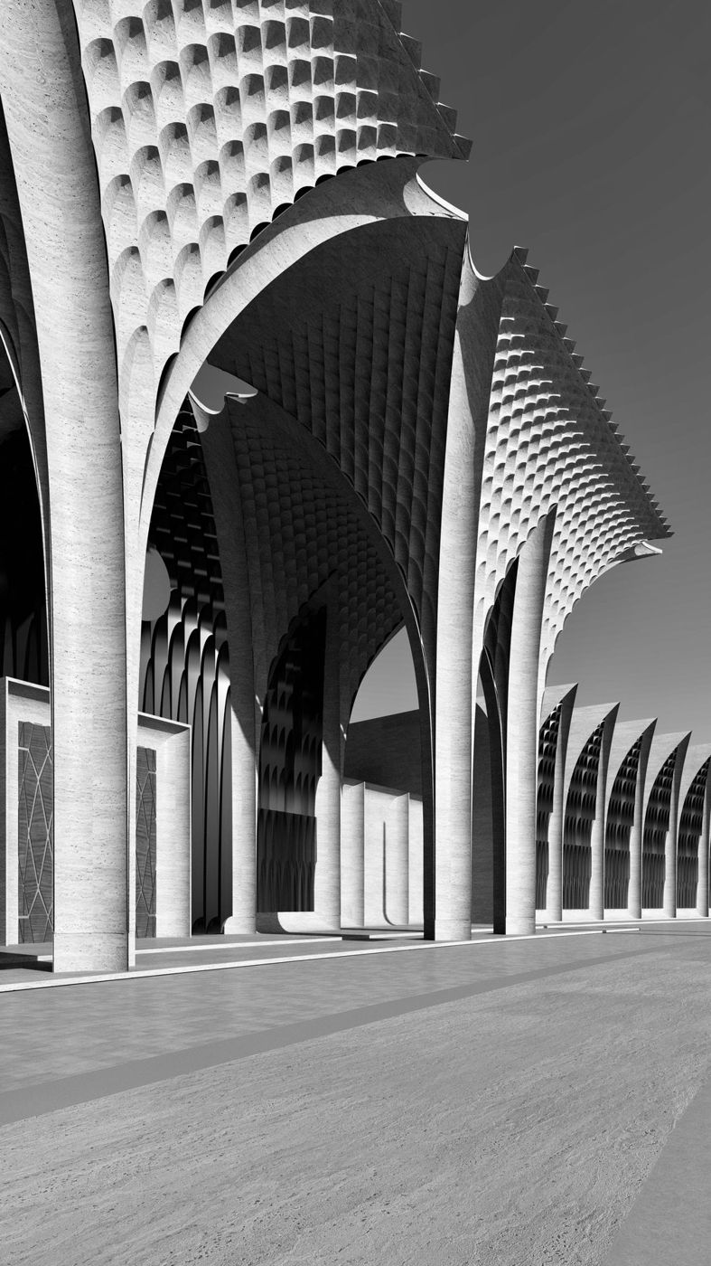 Looking up from the walk into ribbed columns and scaled vaults along the colonnade.