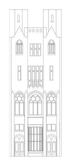 Line drawing of the building's narrow street front with pointed windows.