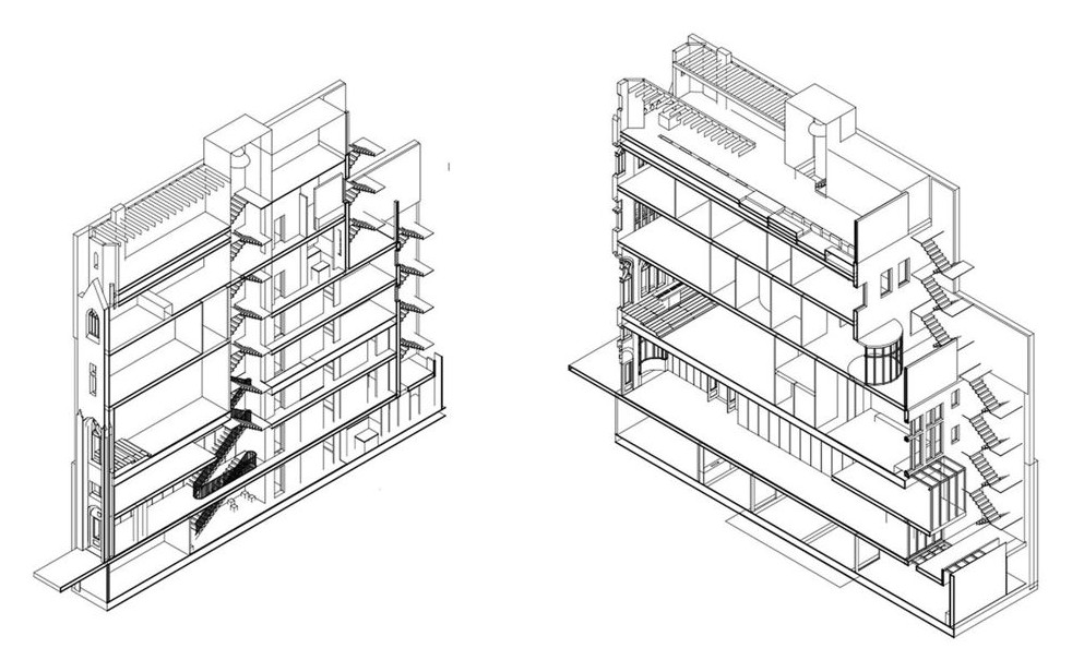 Two cutaway axonometric drawings showing the floors, stair and rooms of the building.