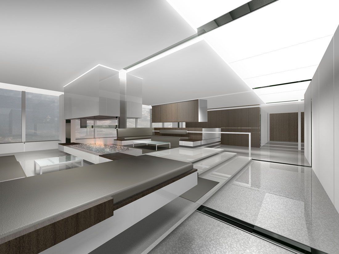 A broad open floor with layered ceiling planes, low seating and timber walls beyond.