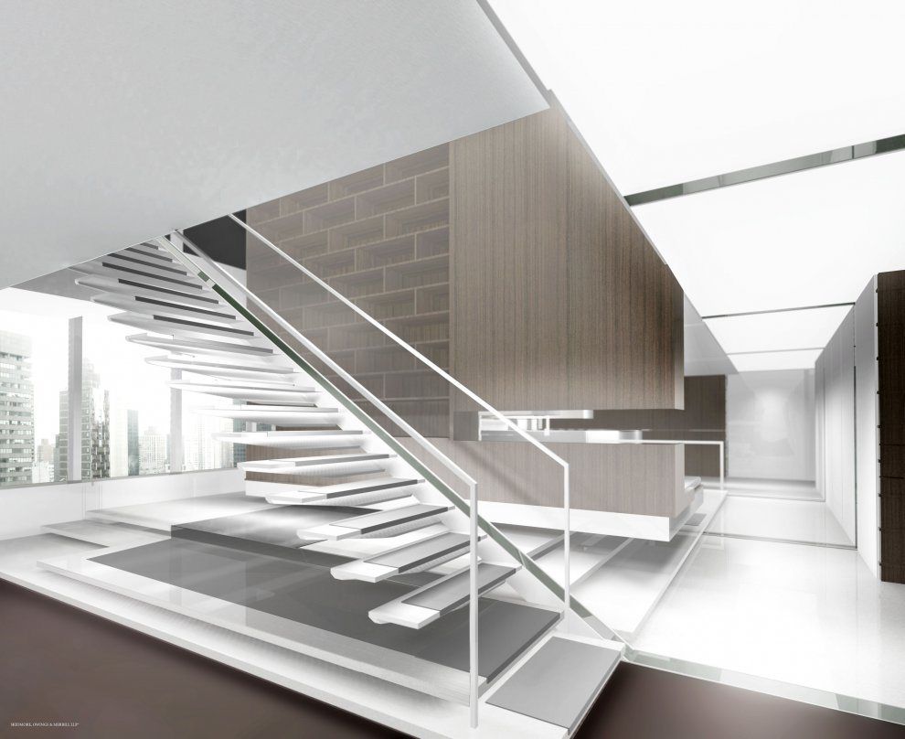 A stair of white treads with a glass balustrade rising past a timber-clad wall.