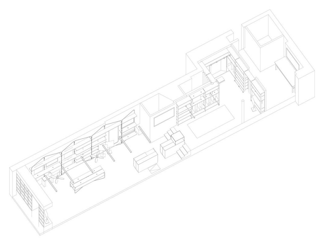 Line drawing of the shop in axonometric, showing the wall display system.