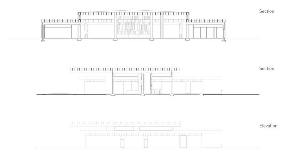 Line drawings of two sections and one elevation of the clubhouse.