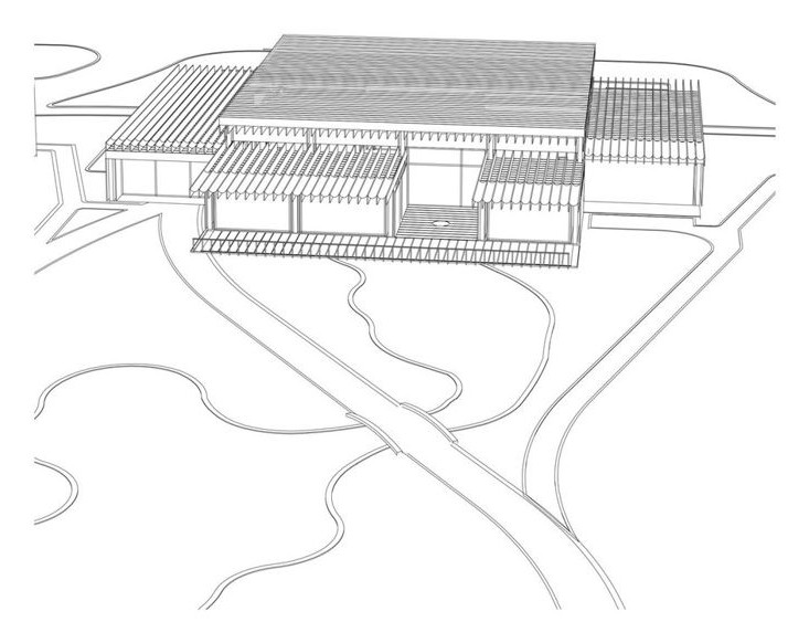 Line drawing of the clubhouse roof and paths in its park setting.