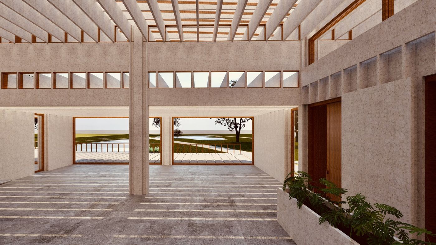 A concrete loggia with a ribbed roof letting in strips of daylight, the park beyond.