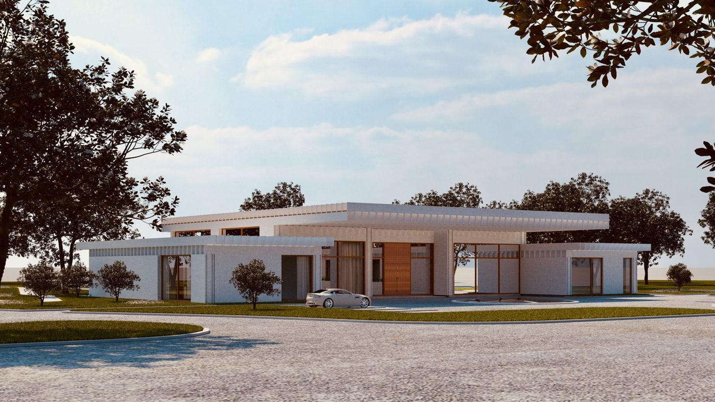The clubhouse seen across a gravel forecourt, a car parked by the entrance.