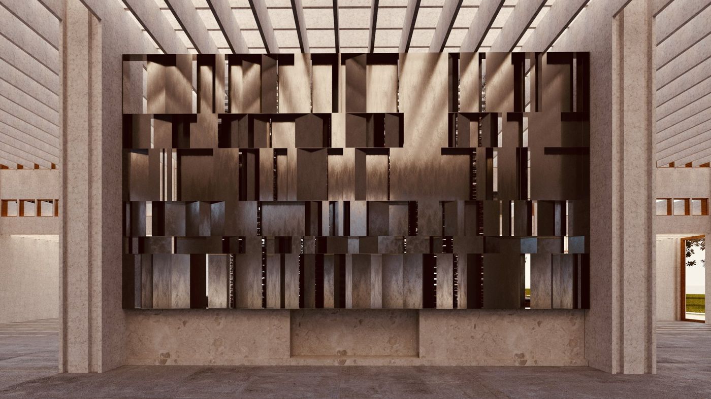 A dark screen of layered panels on a concrete wall under the ribbed roof.