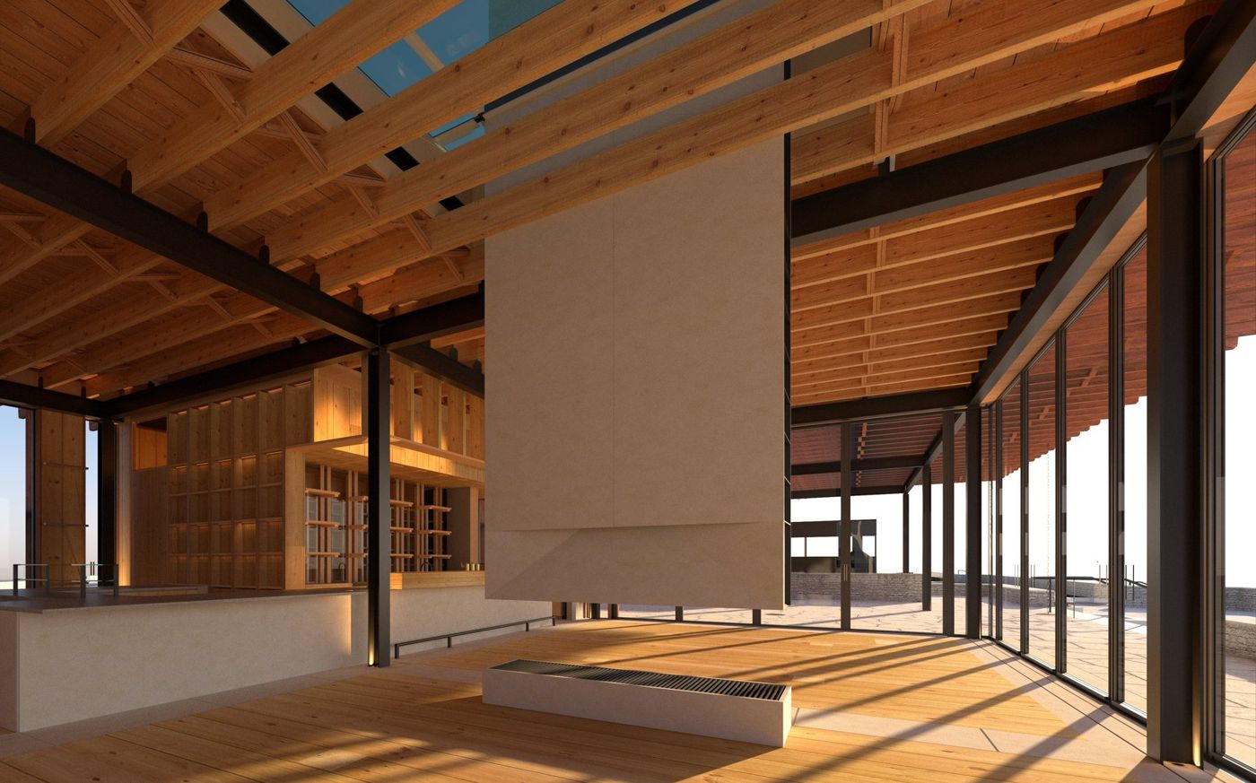 A suspended chimney in a timber-roofed hall with a steel frame and glazed walls.