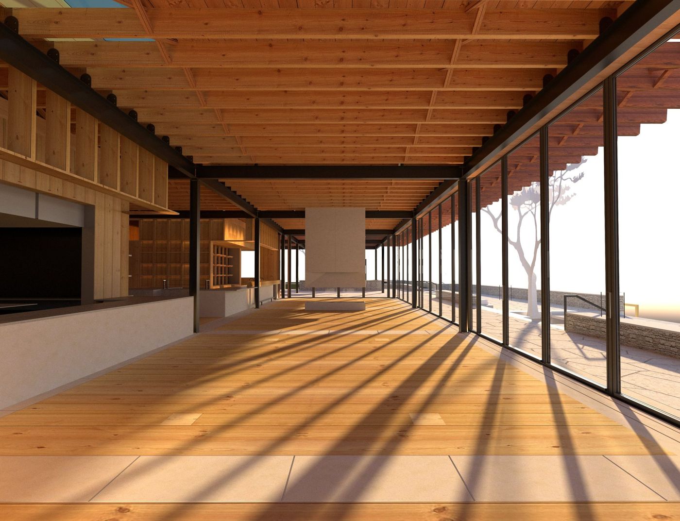 A pine floor and roof run the length of the hall, sun striping through the glazing.