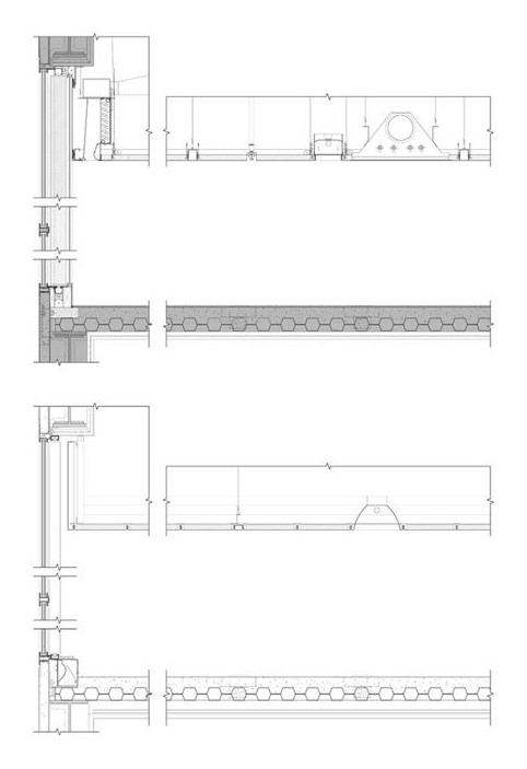 Line drawing of a wall section through the façade, slab and ceiling.