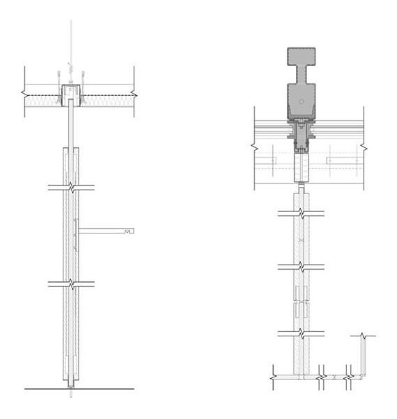 Line drawing of partition sections at ceiling and floor.