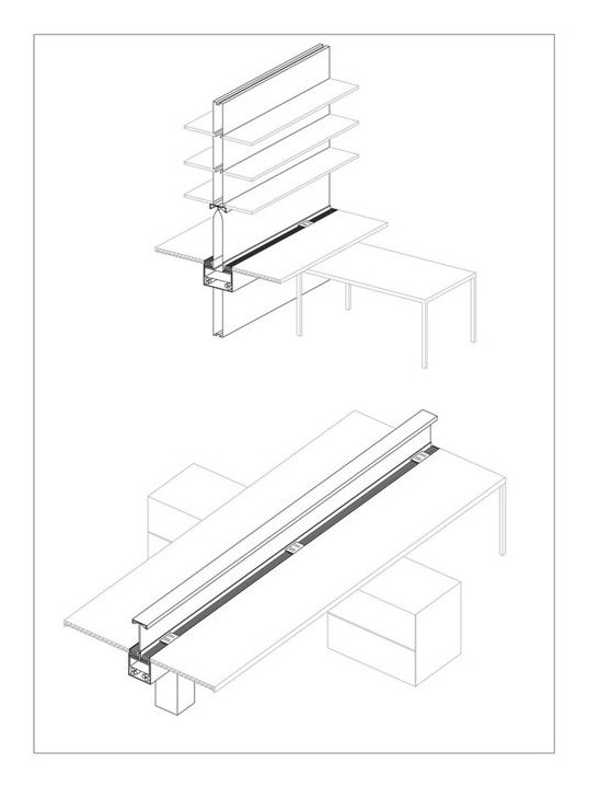 Line drawing of a desk with shelving and a service spine, shown in axonometric.