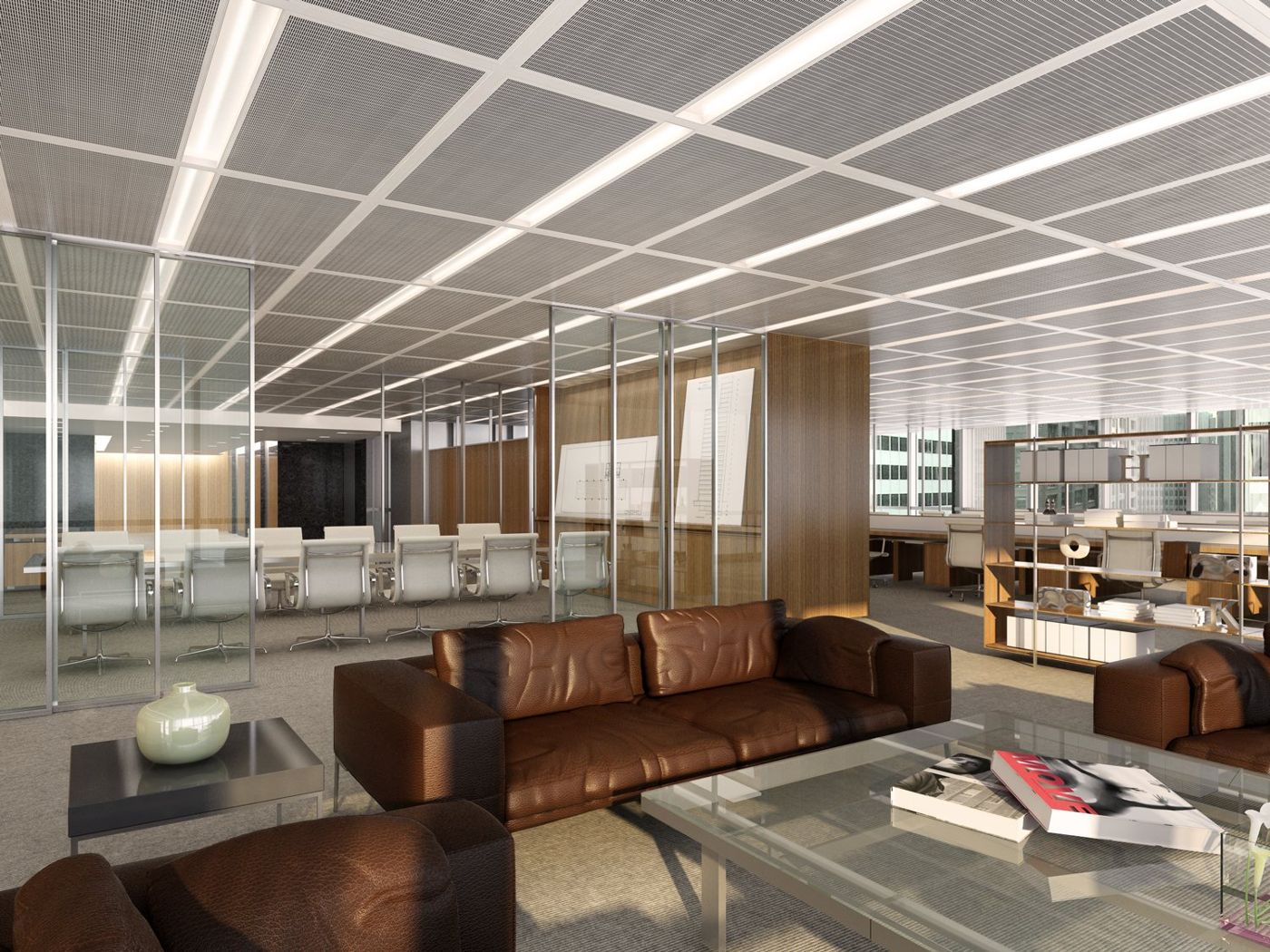 Brown leather sofas and a glass table in front of a glazed meeting room on an open floor.