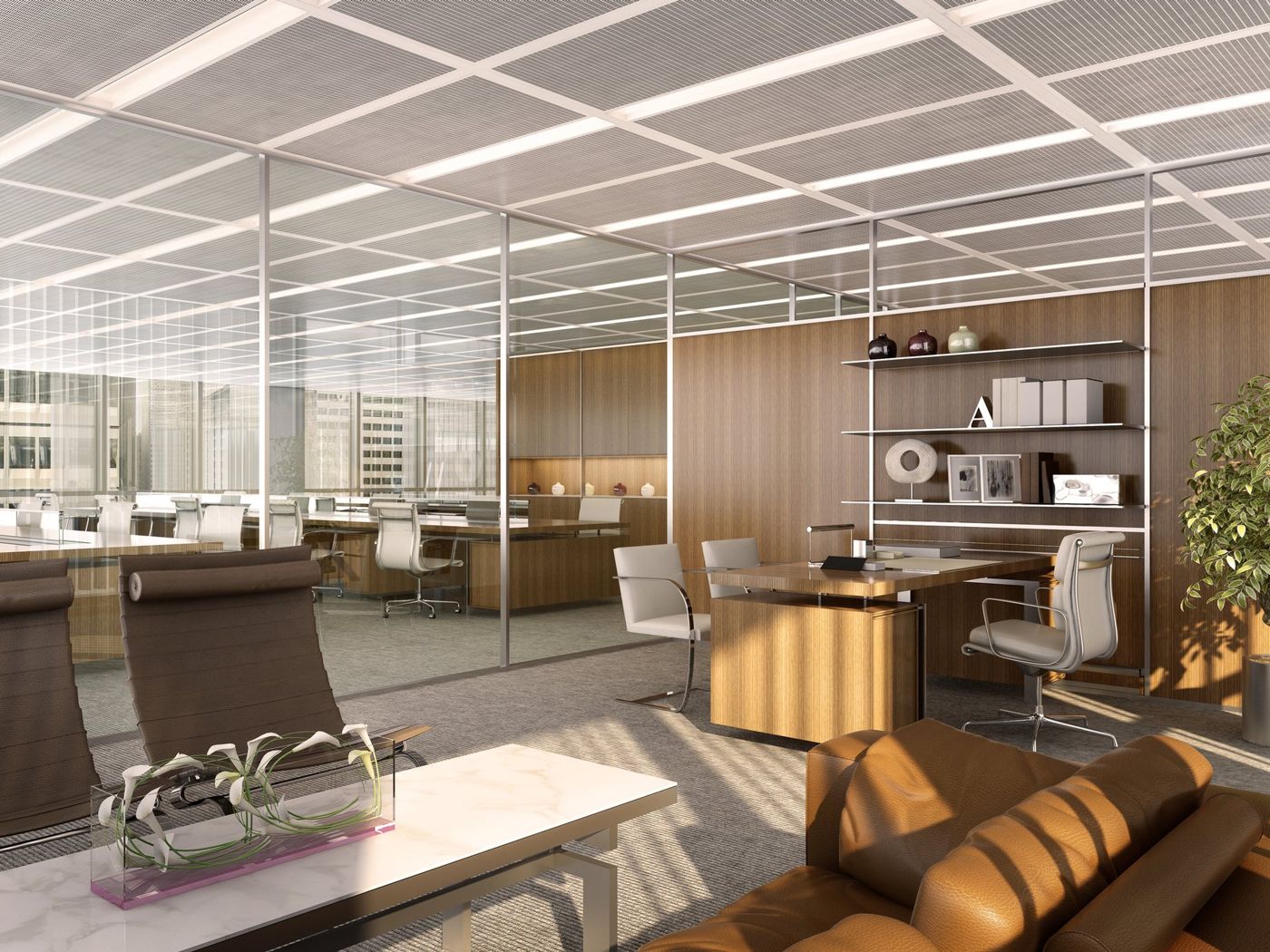 An office with a timber desk, wall shelving and leather lounge chairs under a gridded ceiling.