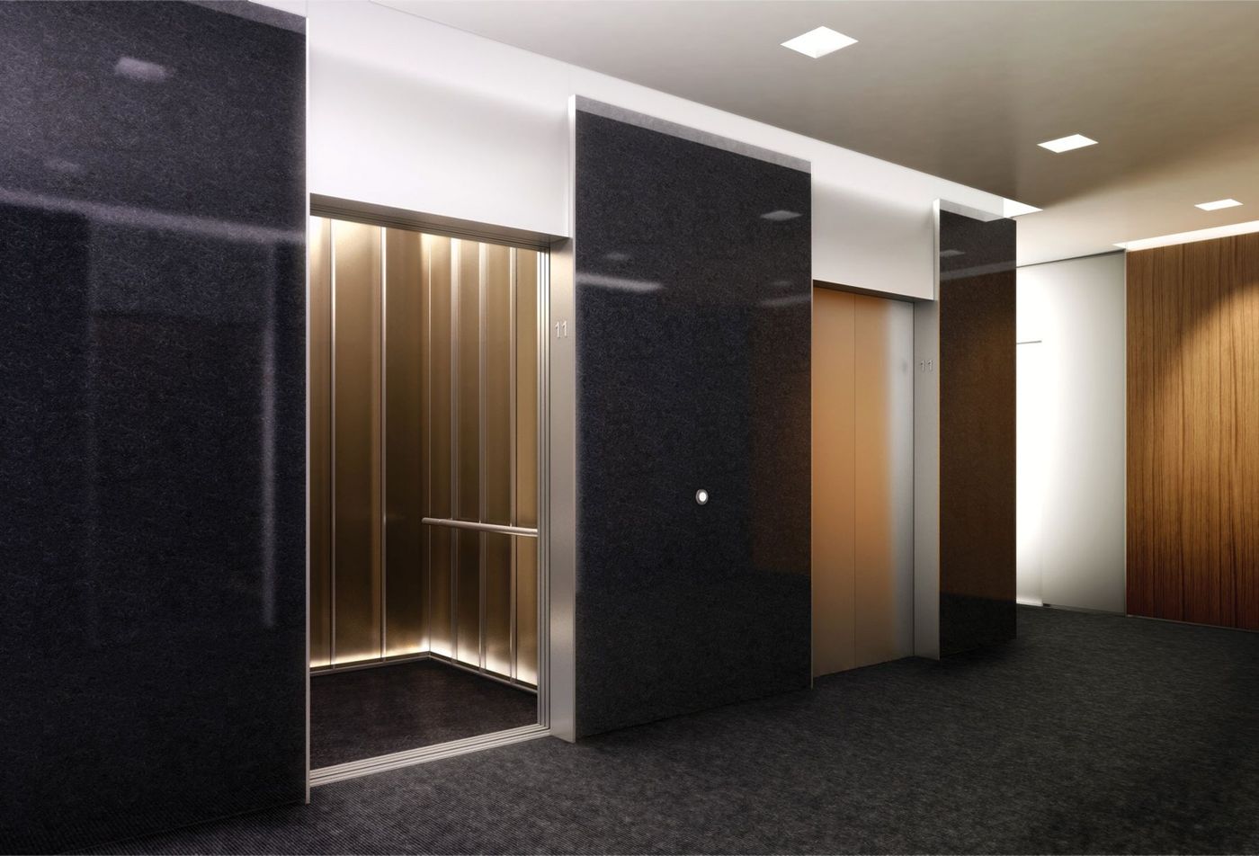 A lift lobby with black glass walls, an open lift car lit in bronze and a timber wall beyond.