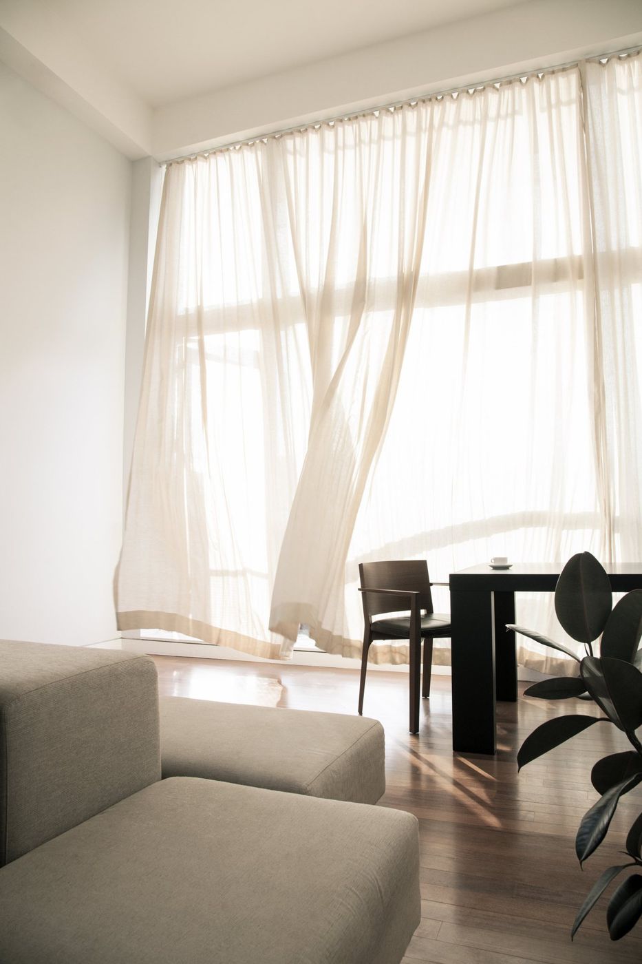 Sheer curtains move across a tall window behind a sofa and a dining table.