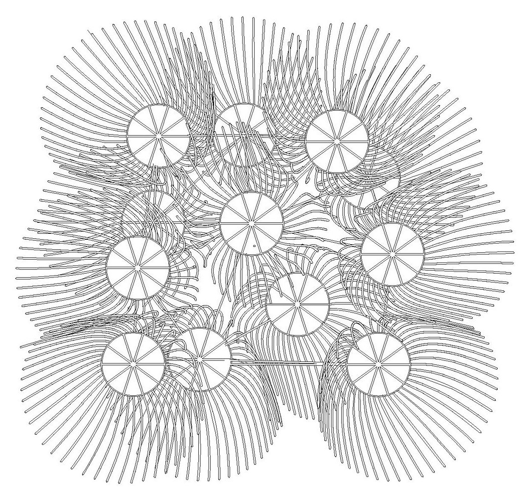 Line drawing of the fixture from below: clusters of radiating rods around globes.