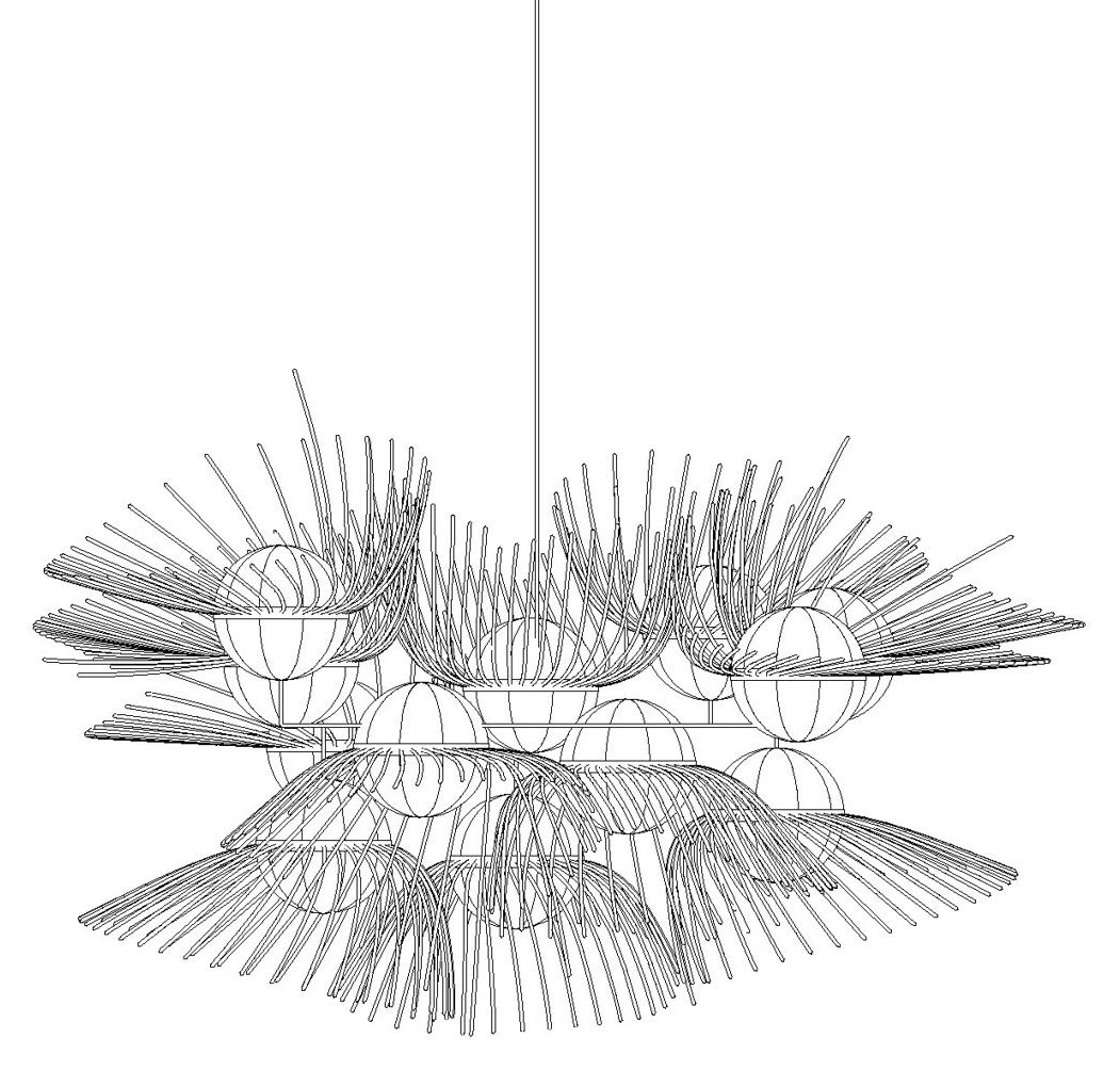 Line drawing of the fixture in side view, hung from a single cable.