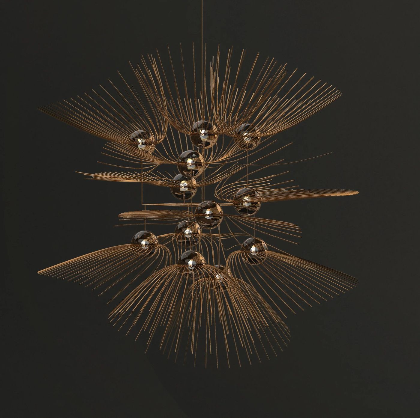 Close view of the fixture, rods fanning out from glass globes against a dark ground.