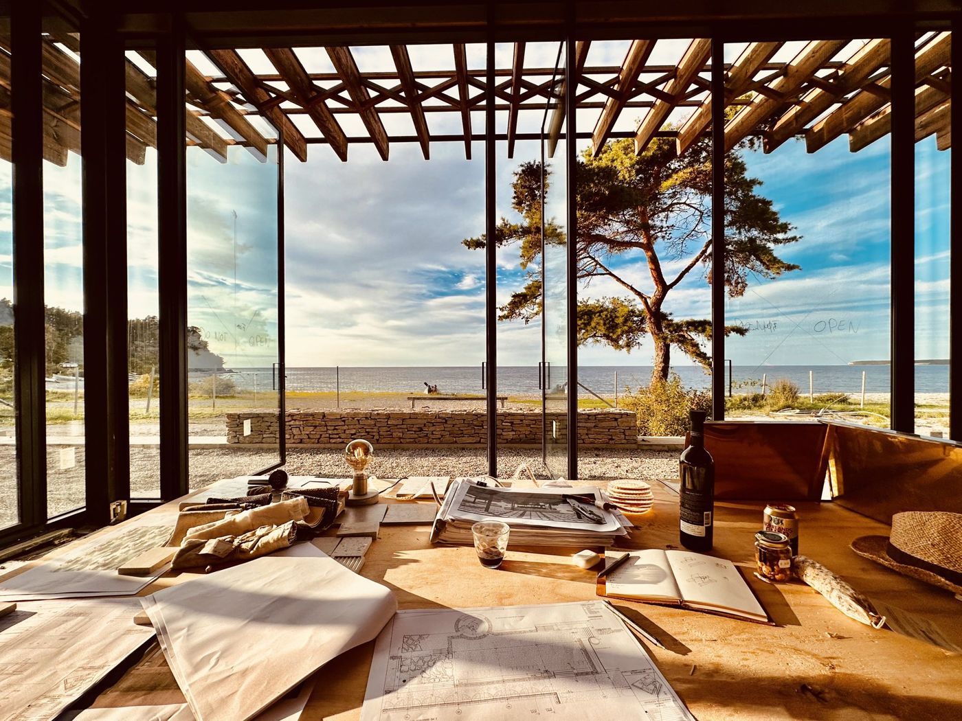 The site table at Ireviken, Gotland. Drawings are made and checked where the building will stand.