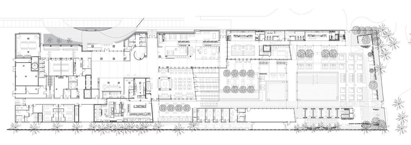 Line drawing of the ground-floor plan from street to pool and garden.