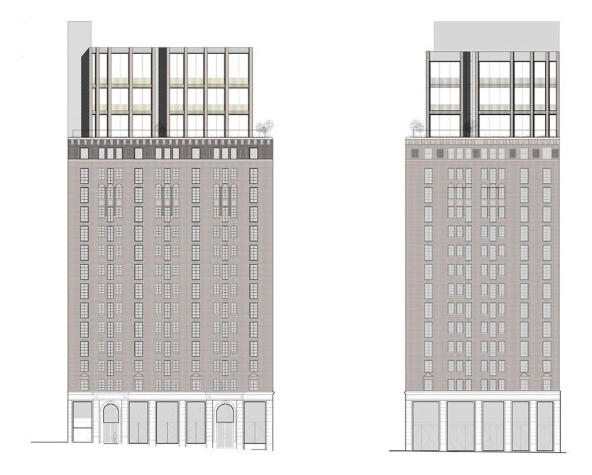 Line drawings of two façades of the hotel showing the added glazed penthouse on top.