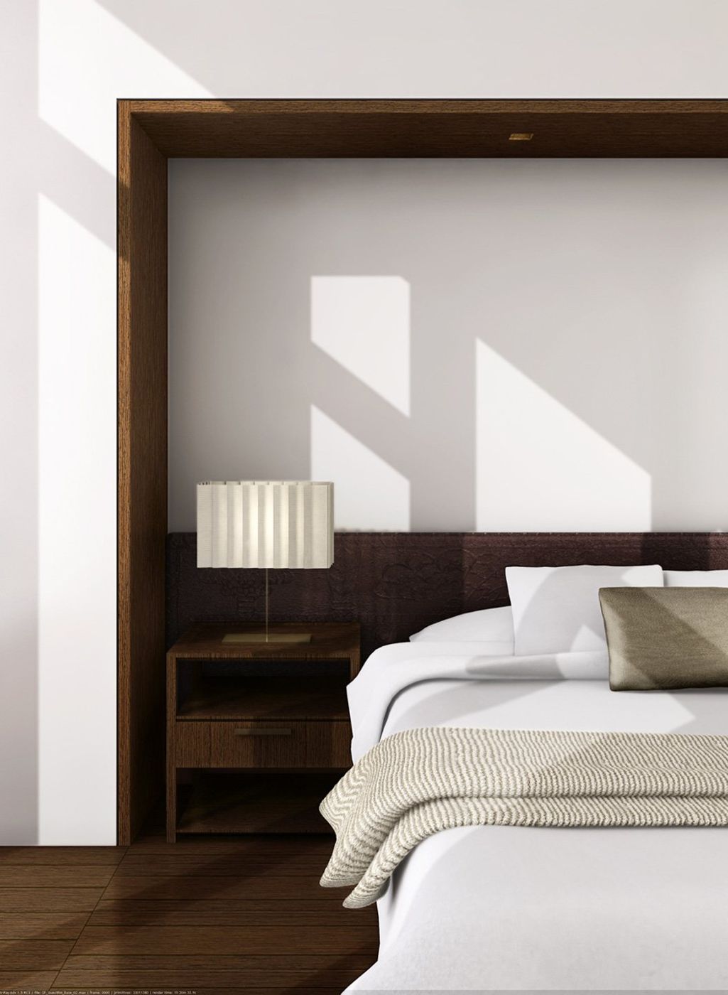A white bed against a dark timber frame, with sunlight falling across the wall.